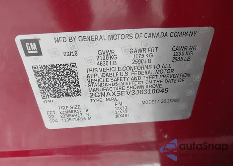 2018 Chevrolet Equinox Lt z USA, uszkodzony, nr VIN 2GNAXSEV3J6310045